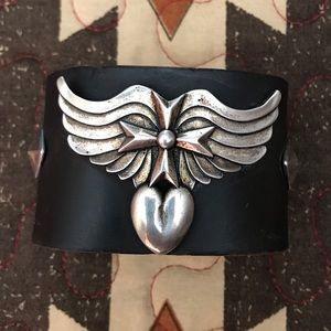 POWER Black Leather Cuff Adorned with Sterling Silver Heart Cross Wings & Studs